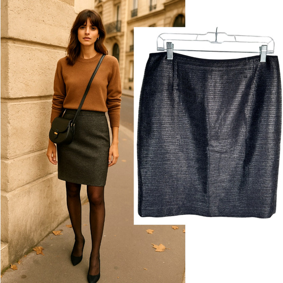 Elie Tahari 8 Stretch WOVEN BAMBOO Cindy Pencil Skirt $228 Textured Black - Picture 1 of 6
